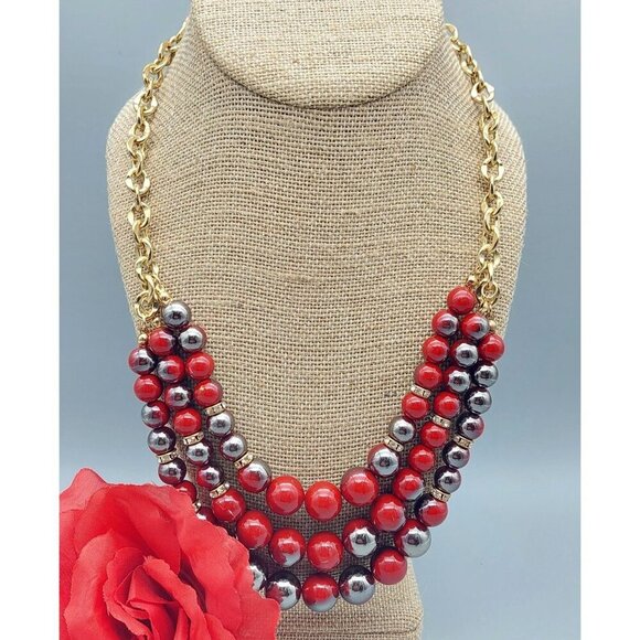 Gold Tone &amp;amp; Red Gray Bead Collar Necklace Multi Strand Chain Rhinestone - Picture 1 of 8